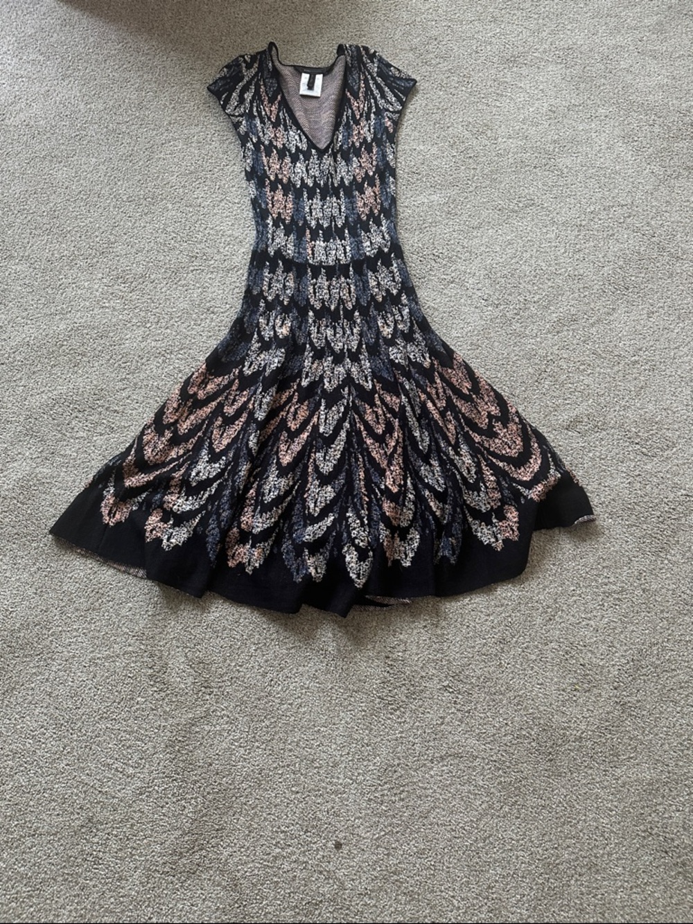 BCBGMaxAzria Black Knit V-Neck Midi Dress with Rose Gold and Silver Accents
